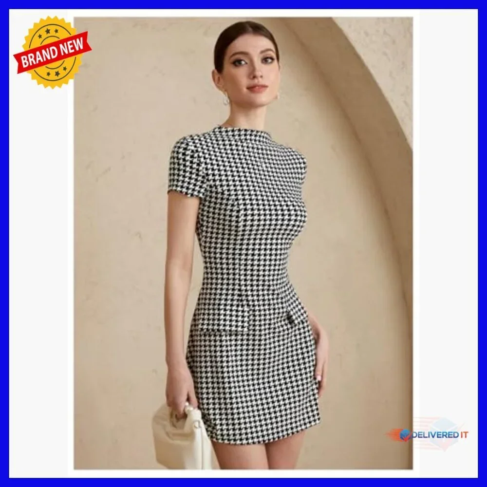 Mock Neck Flared A-Line Work Dress Short Sleeve Houndstooth Pattern